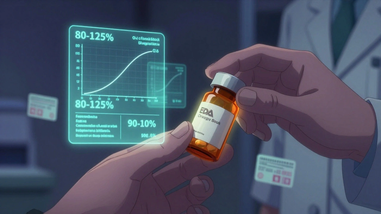 Patient’s hand receiving a pill bottle with translucent bioequivalence data floating behind it in cool tones.