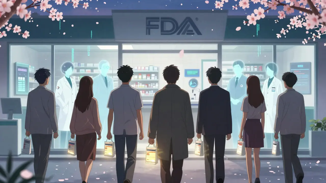 Patients walking away from pharmacy with glowing generic prescriptions as guardian pharmacist spirits watch over them.
