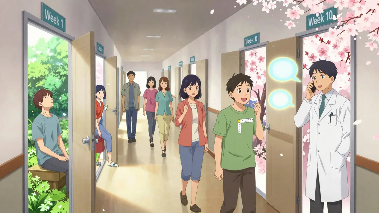 Patients walking through a hallway of healing milestones, each door revealing personal recovery moments.