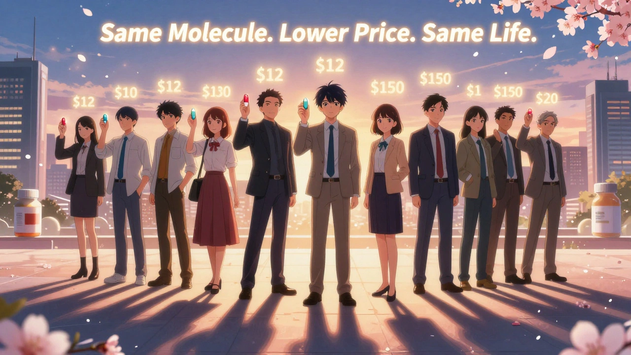 People hold generic pills that emit golden savings light, their shadows forming an FDA seal on a city pavement at dusk.