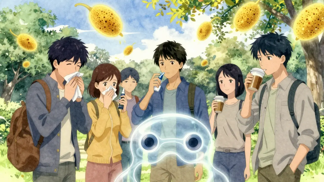 People in a park managing allergies with medication, surrounded by glowing pollen grains and a translucent H1 receptor model.