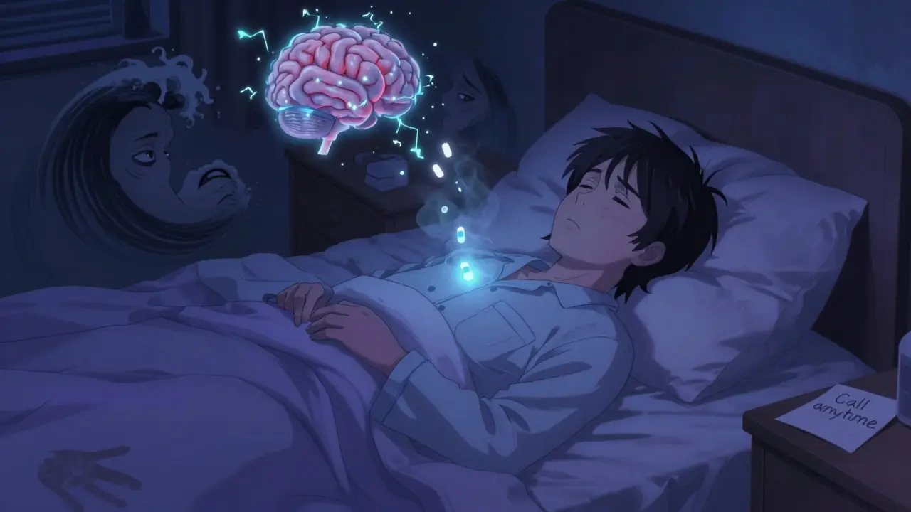 Person in bed experiencing surreal withdrawal symptoms like electric brain zaps and shadowy anxiety.