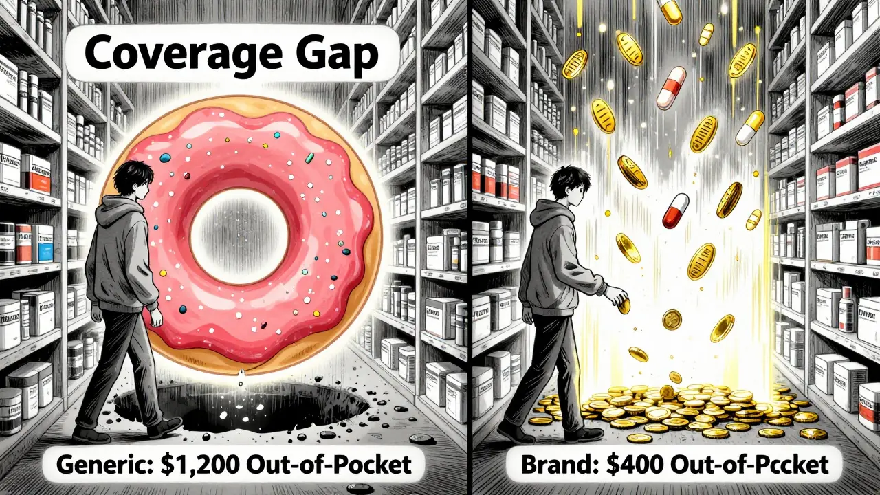 Person walking through a donut-shaped coverage gap, dropping coins into pits labeled with generic and brand drug costs.