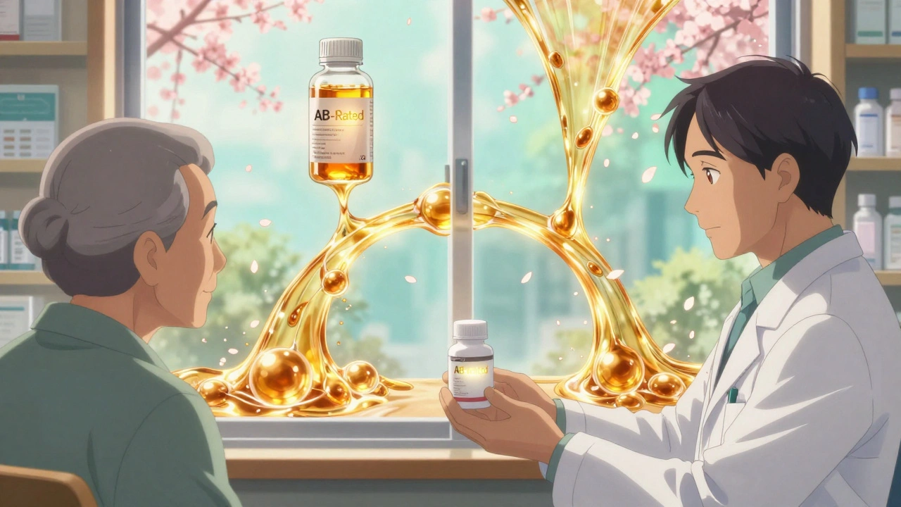 Pharmacist handing a generic pill bottle with &#039;AB-Rated&#039; label to an elderly patient.