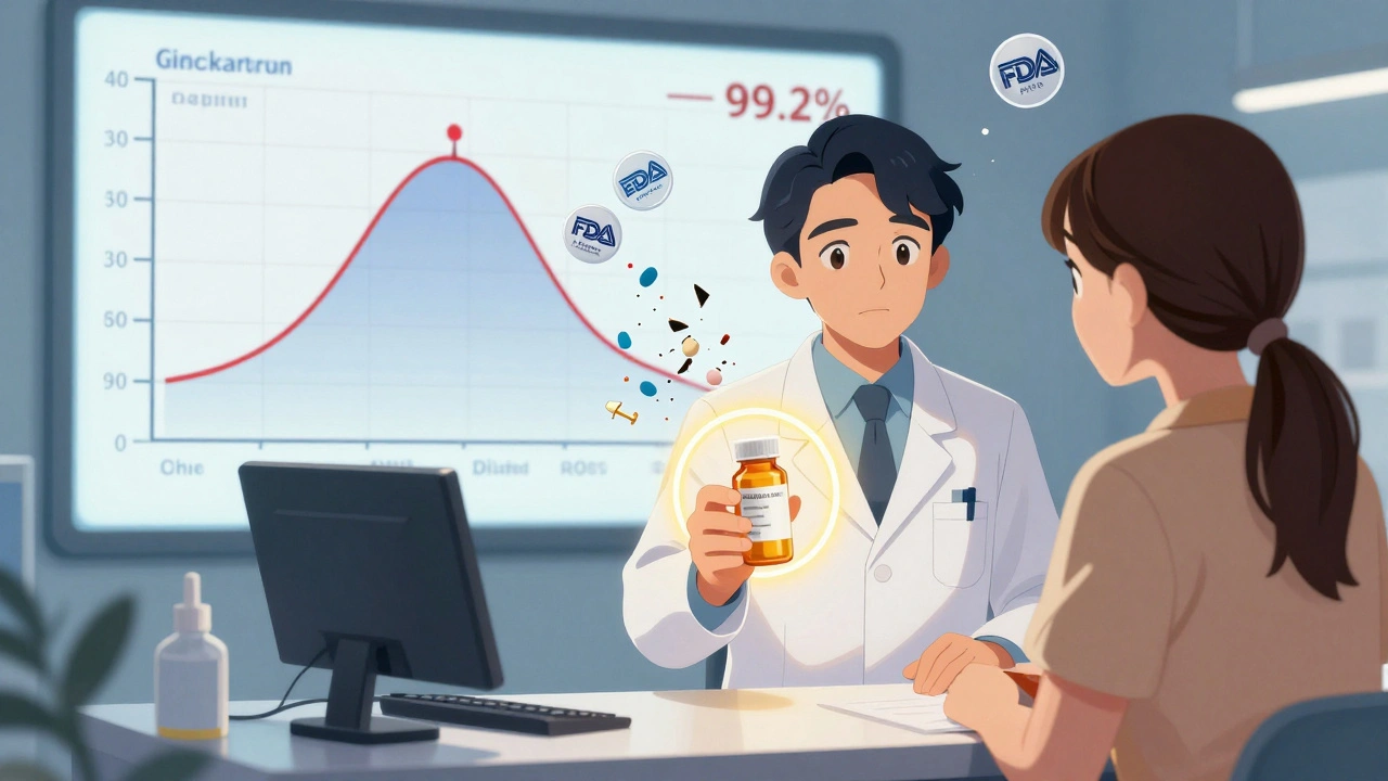 Pharmacist handing a prescription to a patient, with overlapping blood concentration curves and FDA badges floating behind.