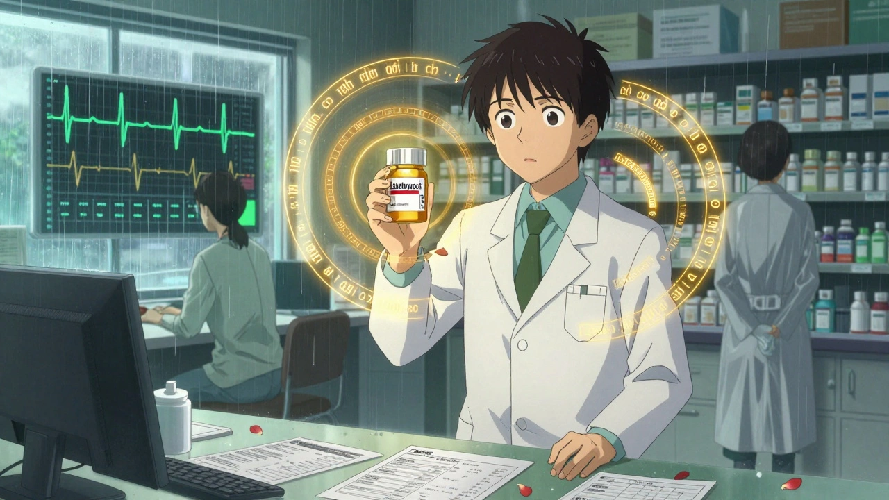 Pharmacist holding a brand-name bottle as therapeutic ratings spiral around them in a pharmacy.