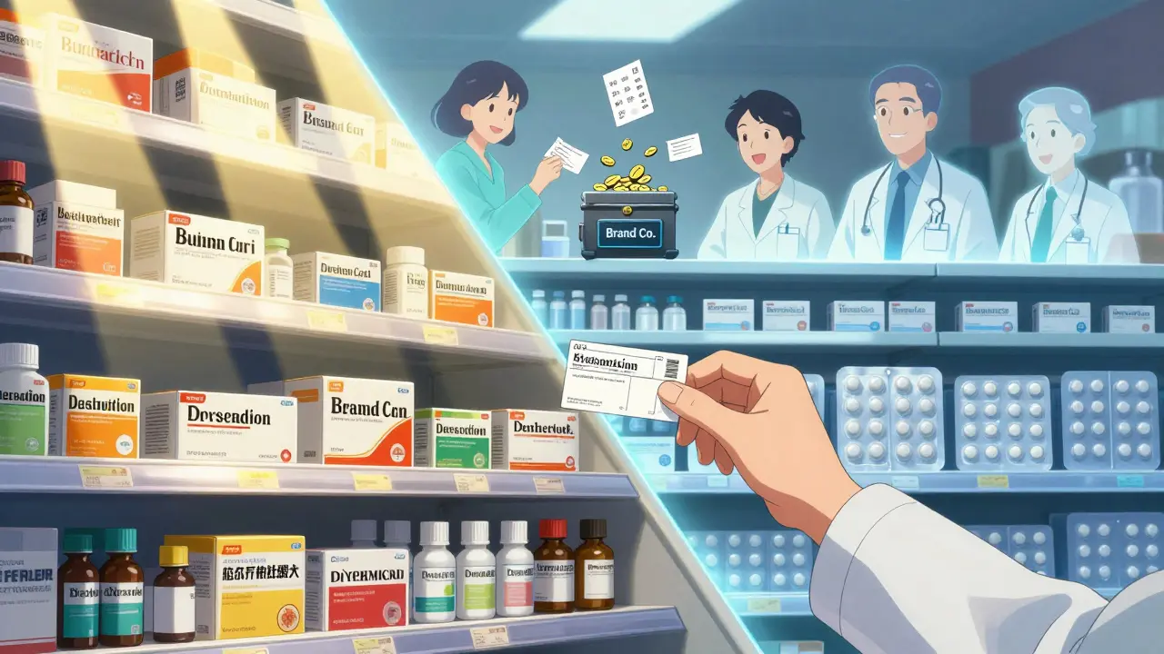 Pharmacy shelf split between premium brand drugs and cheaper generic versions, with a pharmacist handing one to a patient.