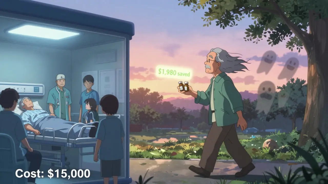 Side-by-side contrast of a costly hospital ER versus a peaceful senior walking in the park after deprescribing.