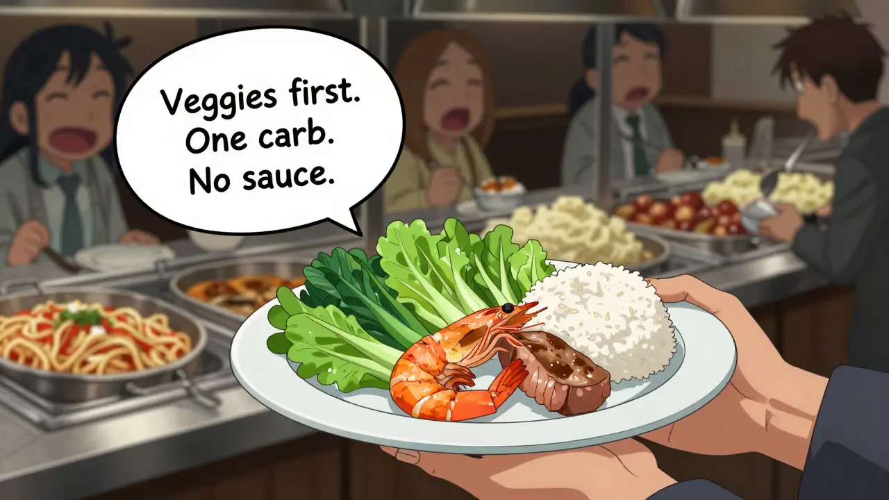 Someone selecting healthy options at a buffet while ignoring sugary sides and desserts.