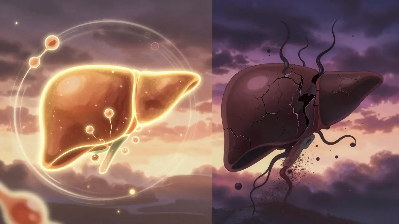 Split liver image: healthy on left, damaged with black toxins on right, glowing particles draining.