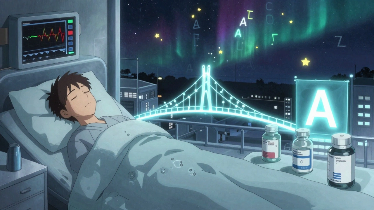 Split scene of peaceful patient and pill factory connected by molecular bridge, with floating TE codes in night sky.