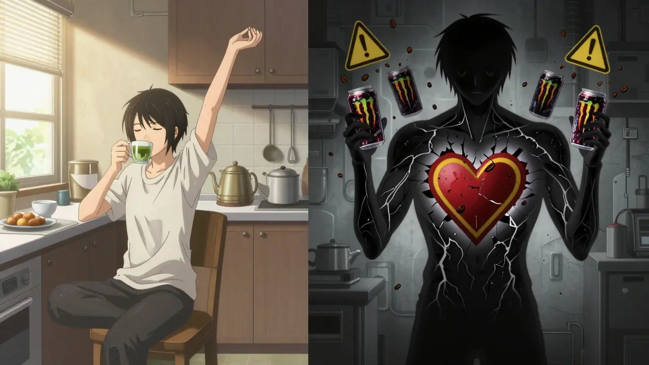 Split scene: peaceful tea drinker vs. fractured version clutching energy drinks, heart symbol shattering in the middle.