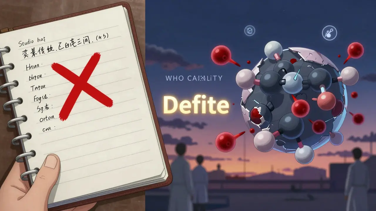 Split scene showing drug journal and molecular model with WHO 'Definite' rating glowing