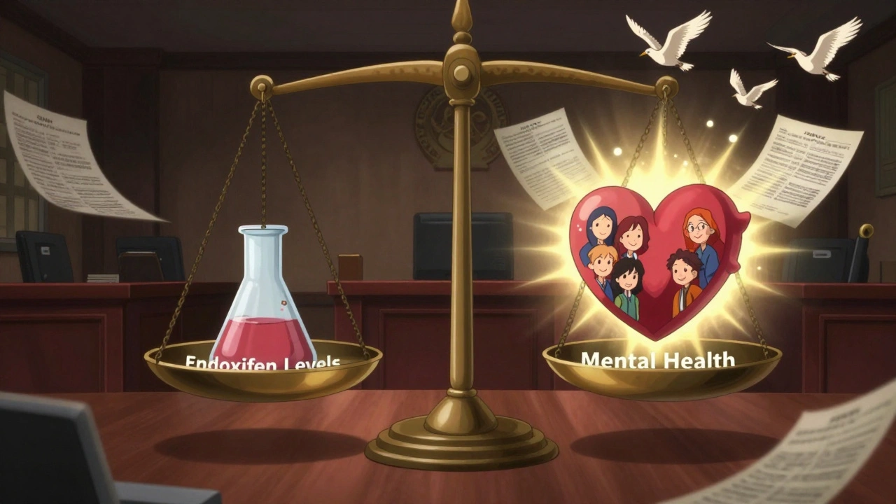 Surreal courtroom inside body weighing endoxifen levels against mental health, glowing heart on scale.