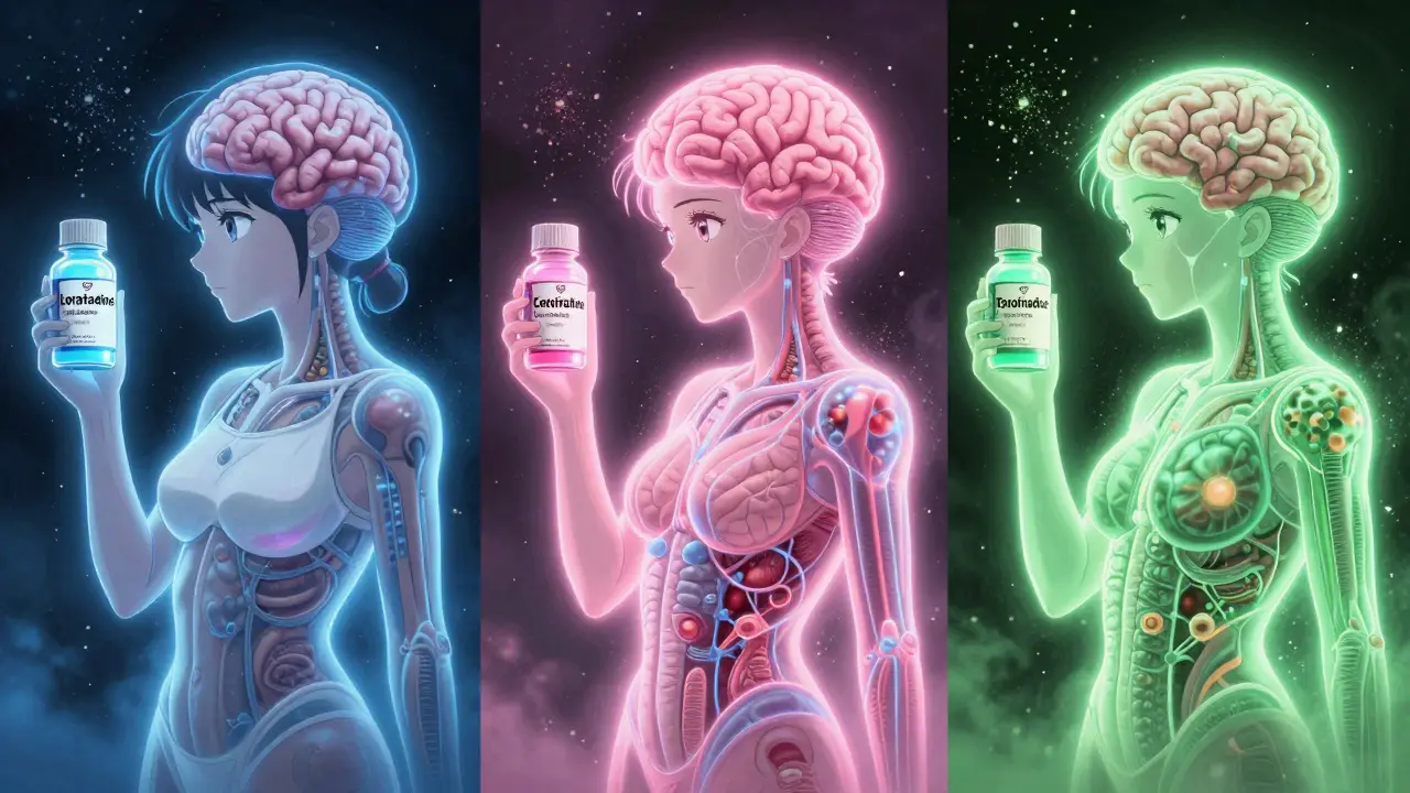Three antihistamine bottles surrounded by pollen, each with a unique aura and a blood-brain barrier separating them from the brain.