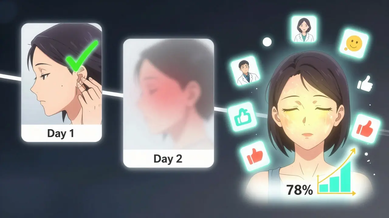 Three-day patch test timeline showing skin healing from redness to glow.
