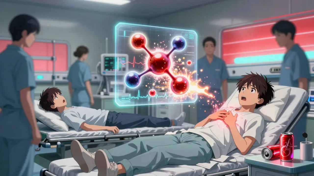 Two teens in an ER with erratic EKG lines, a spilled energy drink nearby, medical staff blurred in the background.