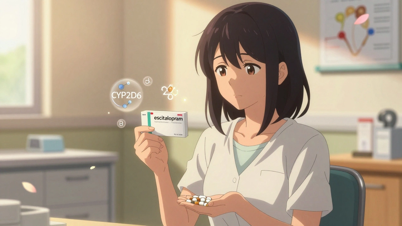 Woman in clinic holding tamoxifen and escitalopram prescriptions, calm expression, warm sunlight.