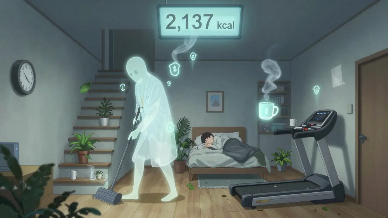 A ghostly NEAT figure cleaning an apartment while the owner sleeps, glowing calorie symbols rising into a ceiling chart.
