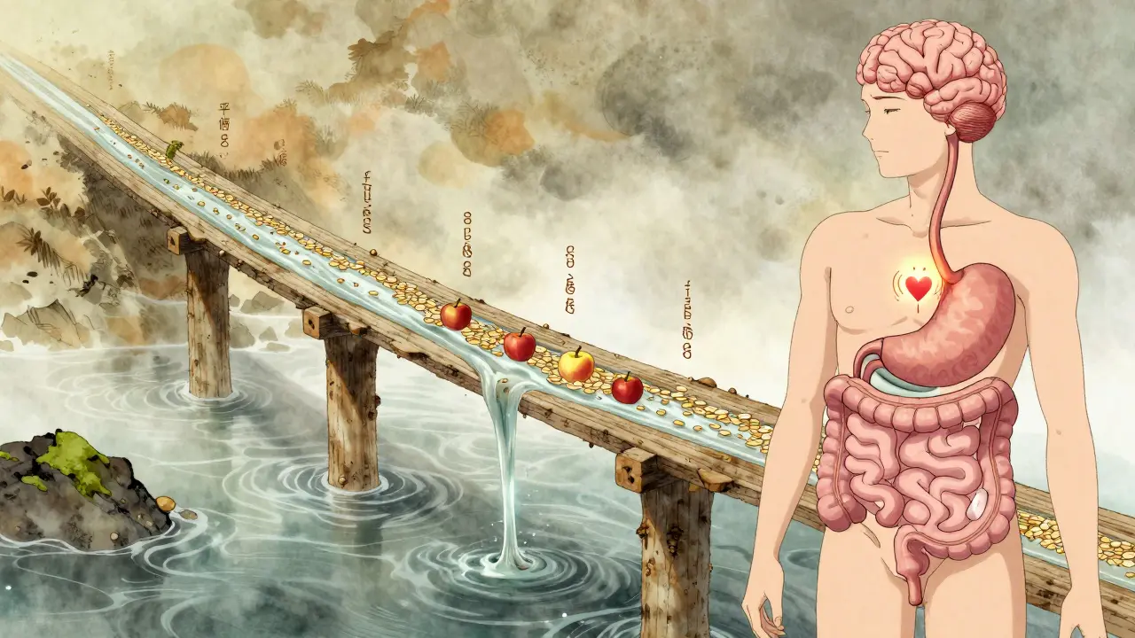 A mystical fiber river flows through the digestive system, forming a bridge to the brain with glowing signals of fullness.