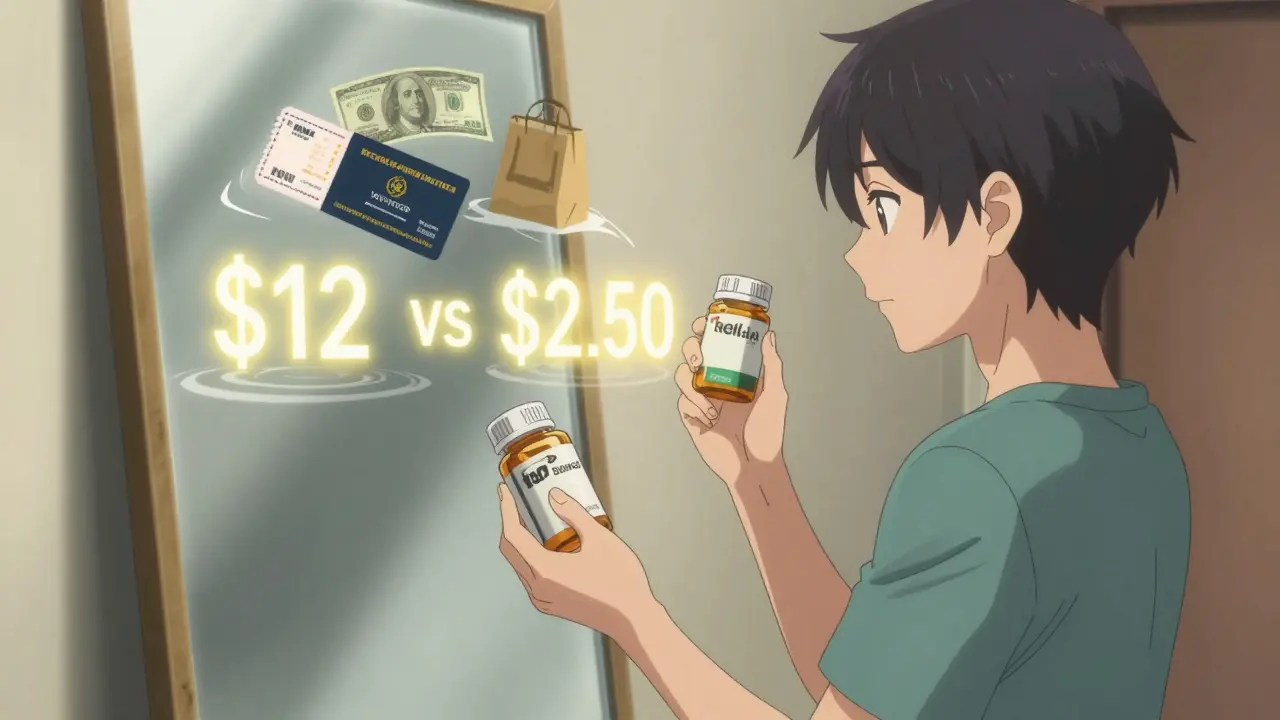 A person comparing pill bottles with floating icons representing money saved.