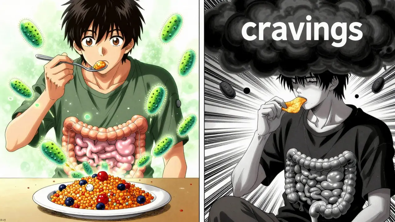 A person eats healthy lentils with happy gut microbes, while another snacks on chips surrounded by dark cravings.