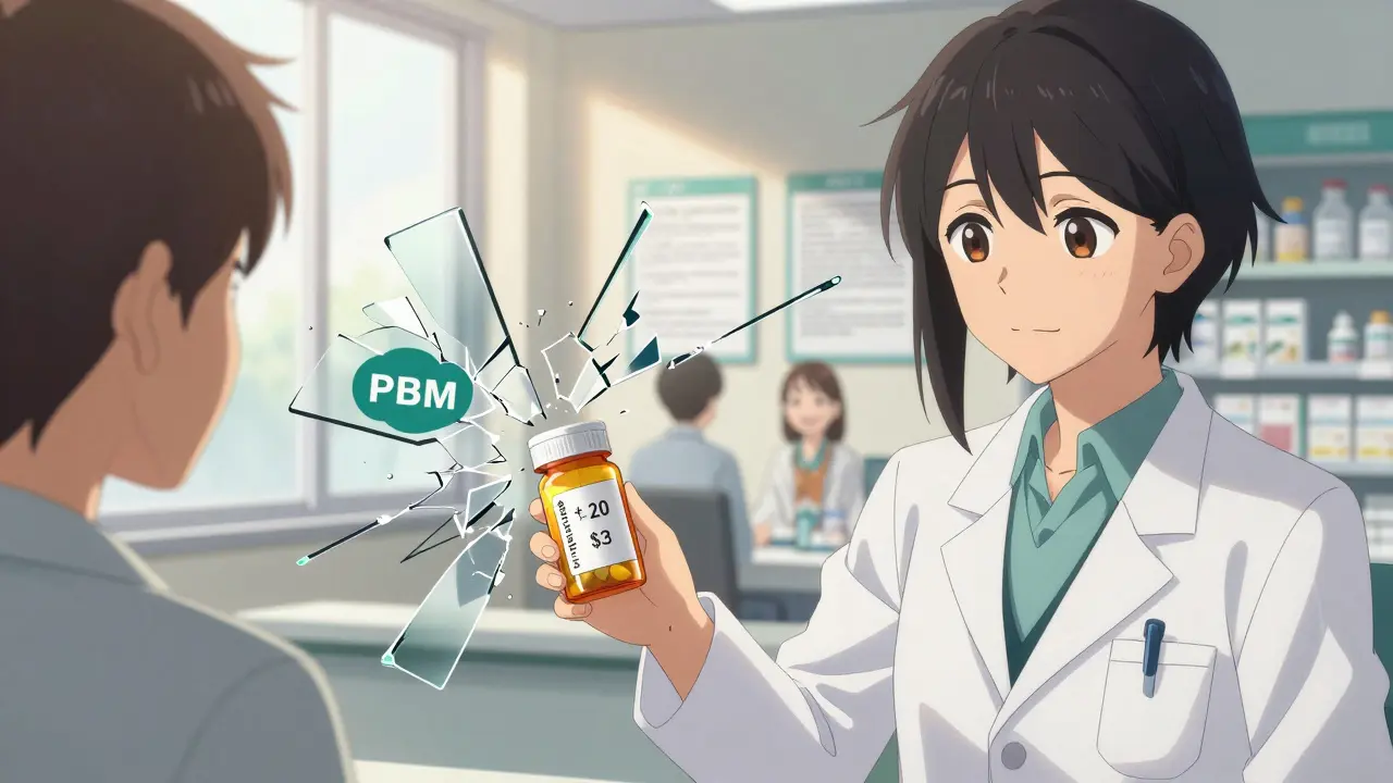A pharmacist offers transparent cash pricing to a patient, while broken PBM symbols dissolve behind them.