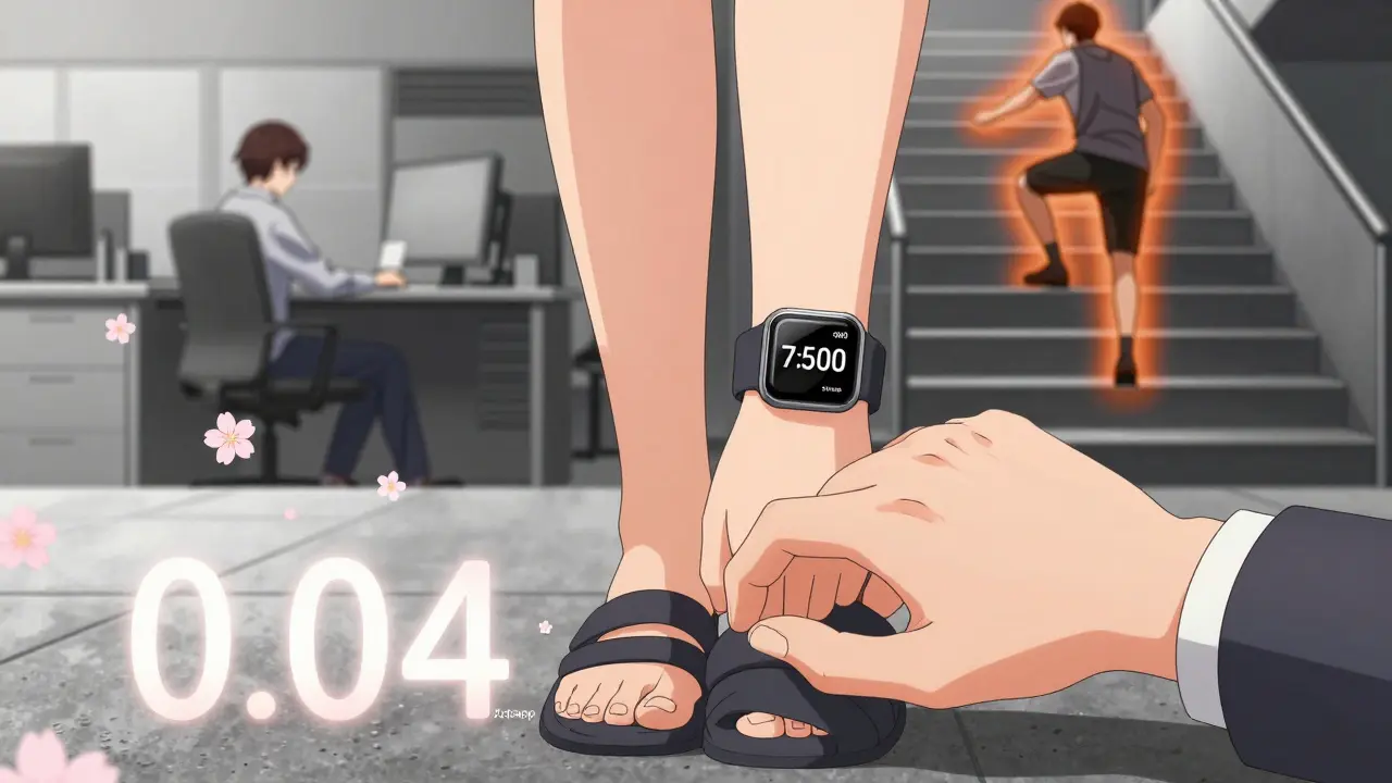 A smartwatch showing 7,500 steps with floating calorie numbers rising like petals, a woman walking on a sidewalk.