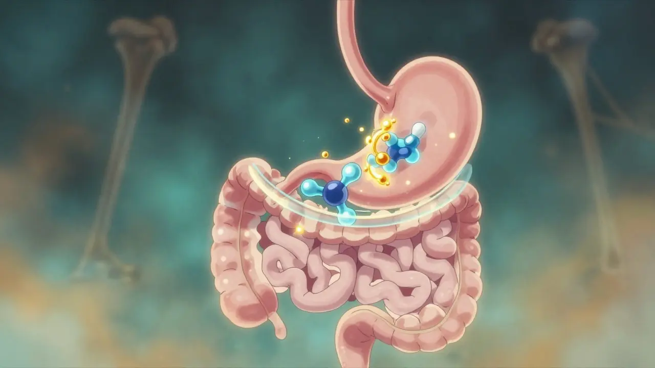 Abstract digestive tract with bisphosphonate molecule blocked from magnesium ions by a two-hour barrier, glowing bones in distance.