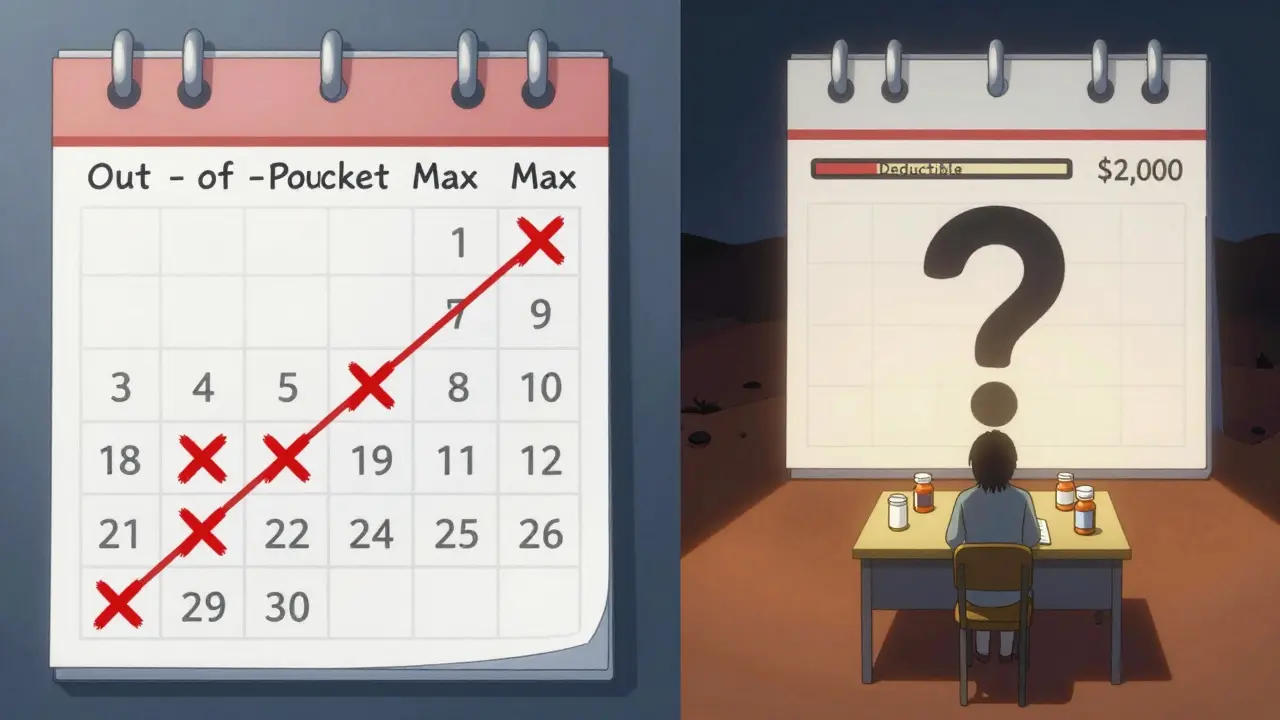 Calendar showing prescription fills increasing out-of-pocket costs while deductible remains unchanged.