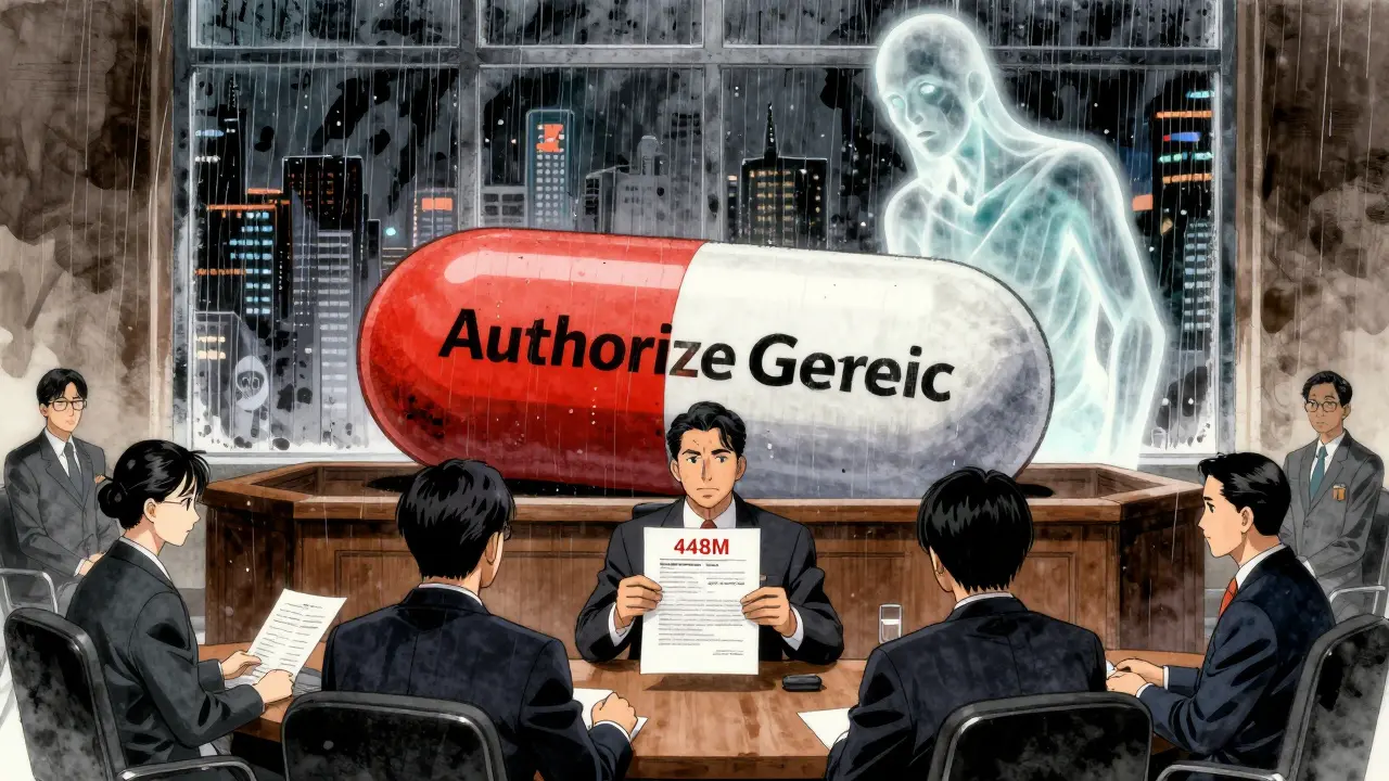 Courtroom with giant authorized generic pill looming over lawyers and FTC agents