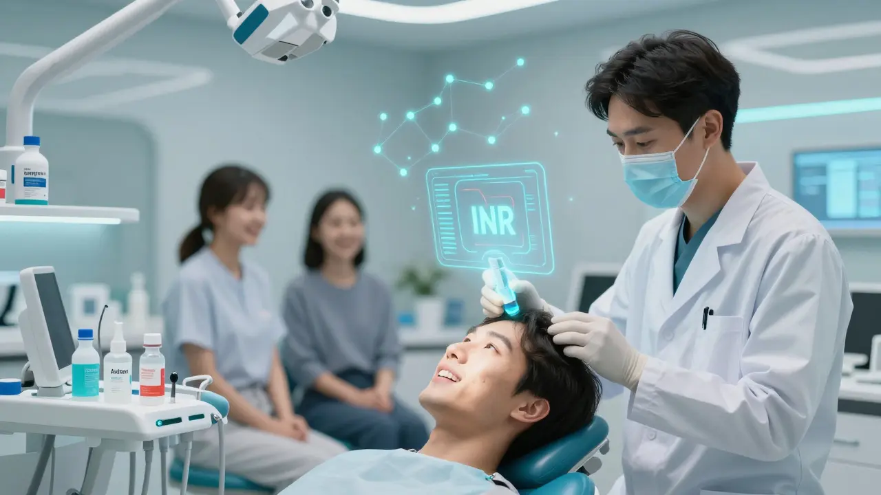 Dentist using a holographic INR monitor in a futuristic clinic, AI data streams floating in the air.