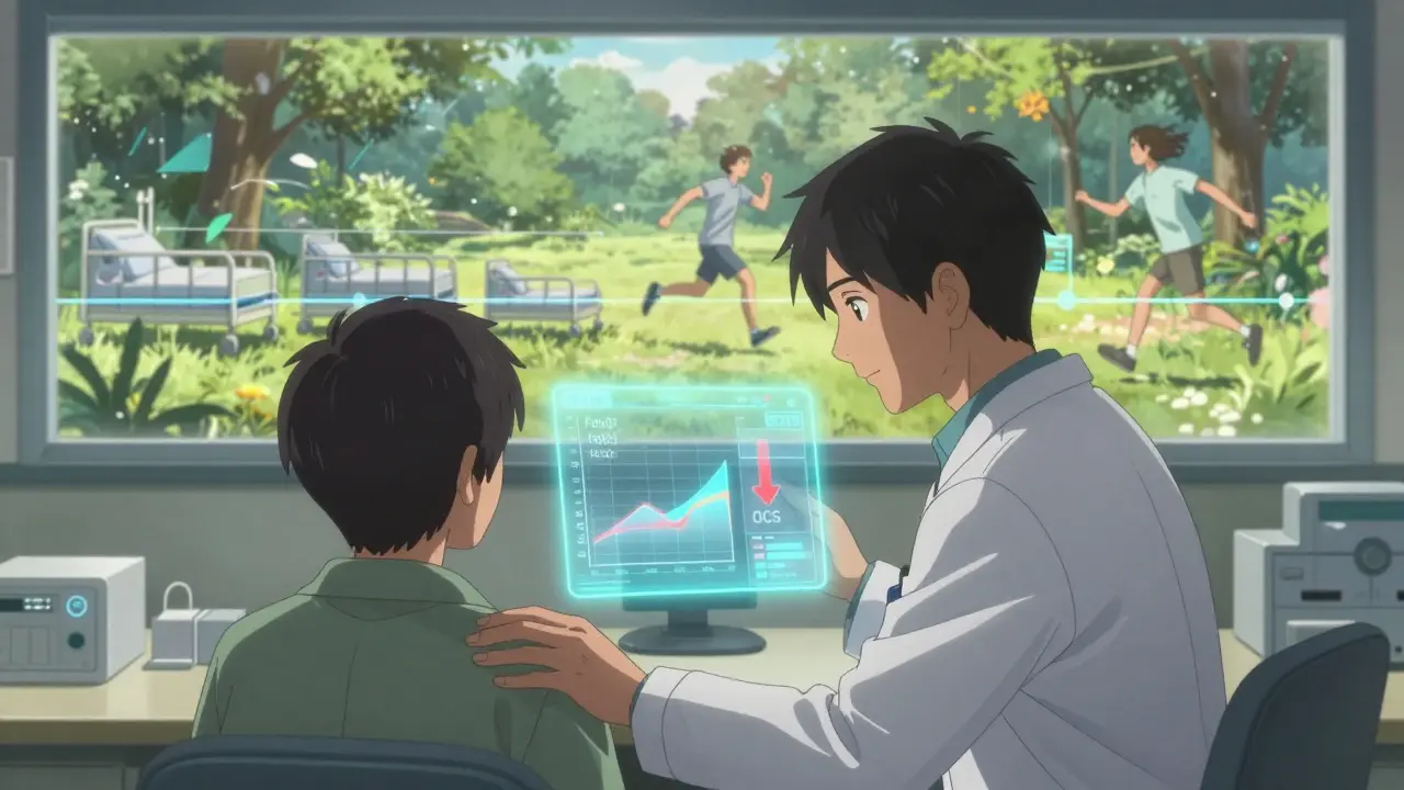 Doctor and patient in consultation as holographic data shows reduced steroid use and improved lung health.