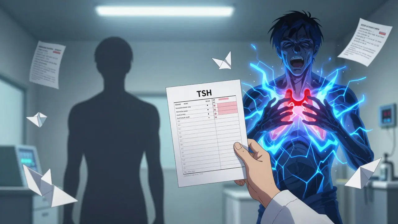 Doctor holding thyroid report as patient's silhouette fractures into calm and chaotic versions in clinic.
