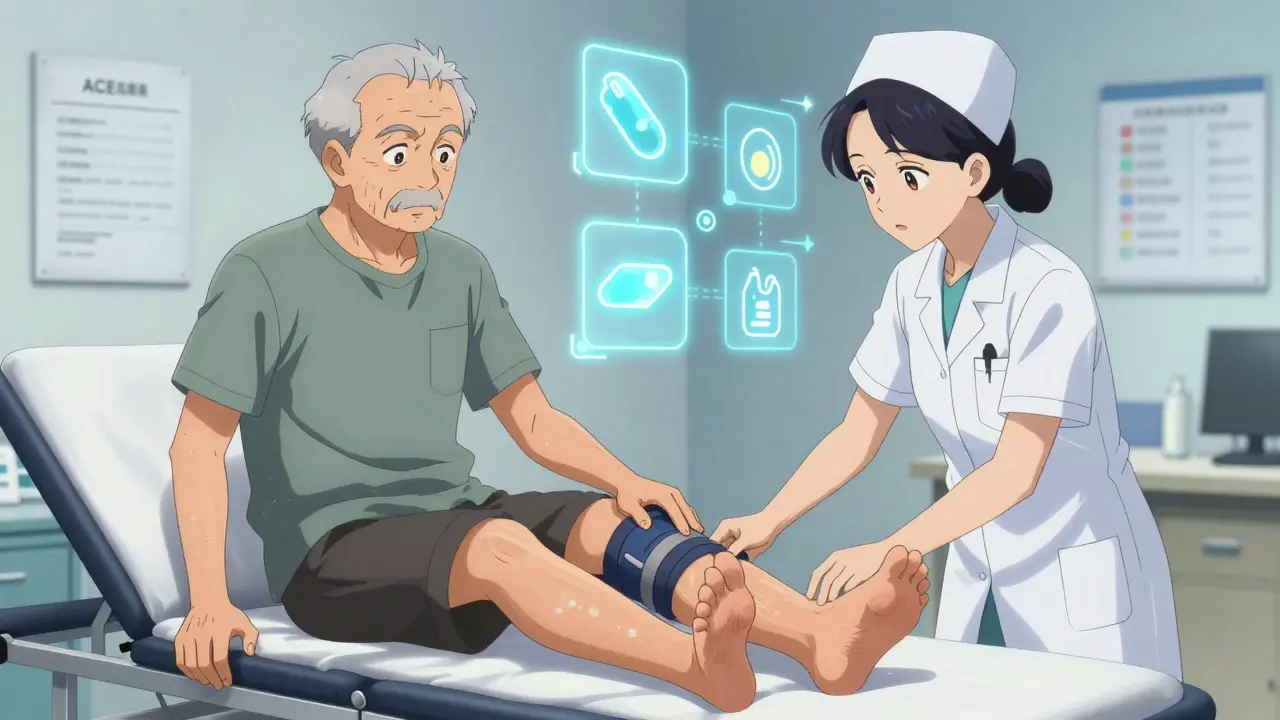Elderly man receiving compression stockings for medication-induced ankle swelling in a calm doctor’s office.