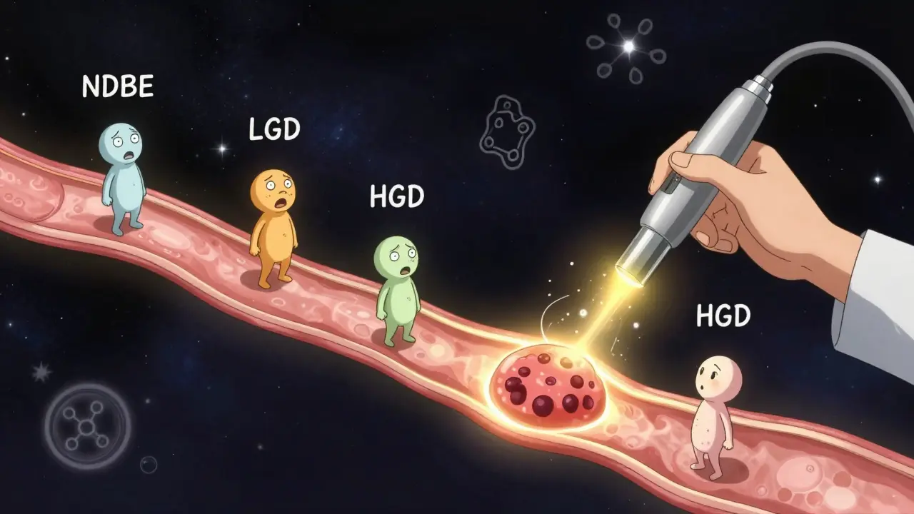 Endoscopy tube extracting tissue samples that become humanoid figures representing dysplasia stages, with ablation energy glowing nearby.