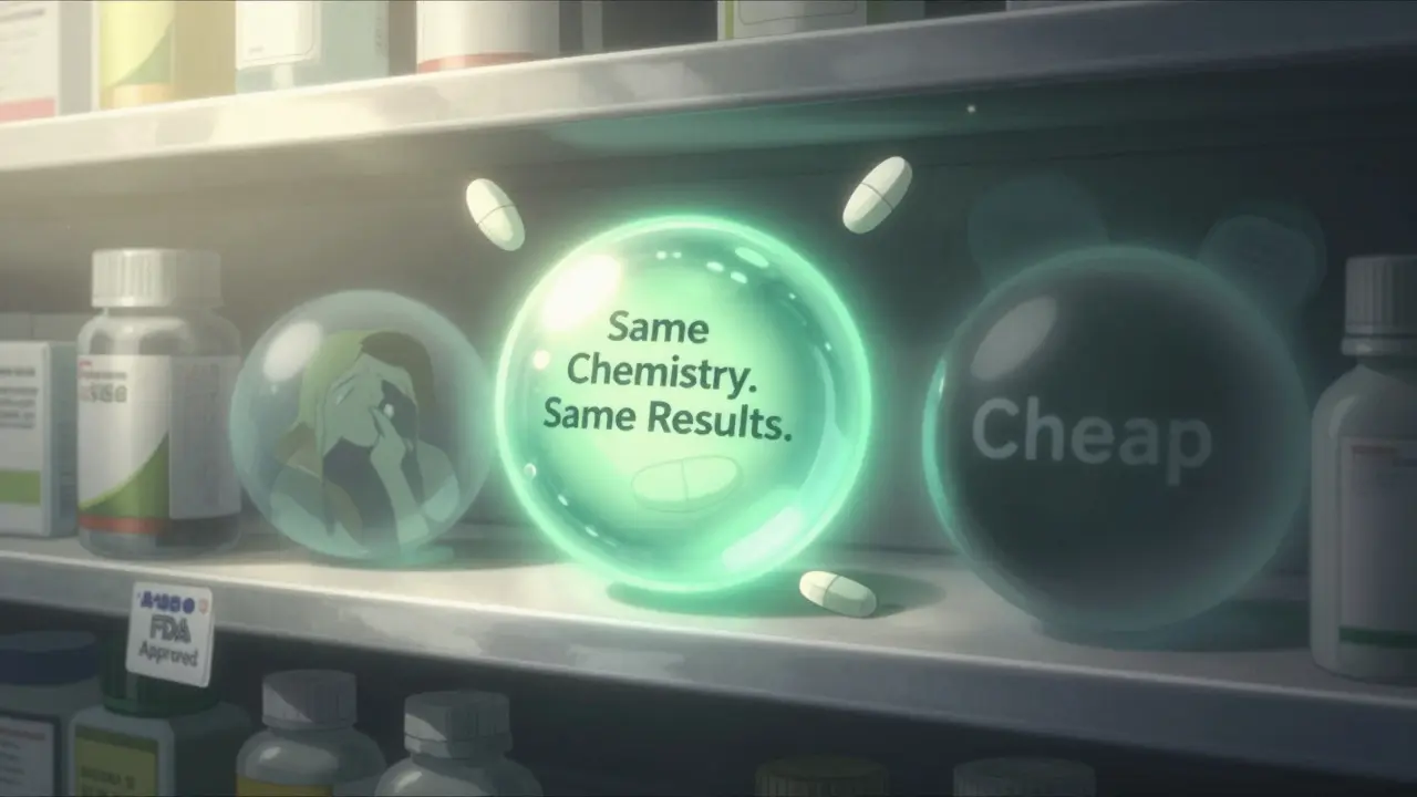 Floating generic pills on a pharmacy shelf, one glowing with confidence, another dimmed by perception.