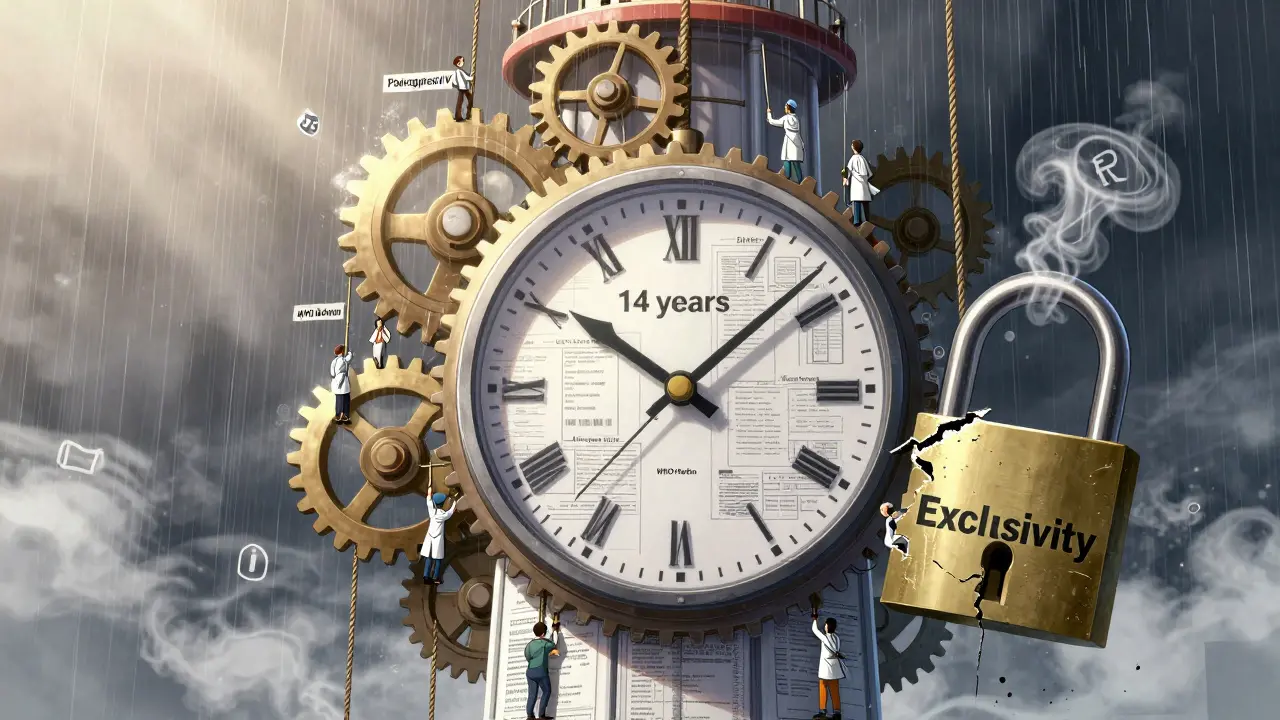 Giant clocktower made of patents, tiny figures climbing ropes toward a broken lock labeled 'Exclusivity'.