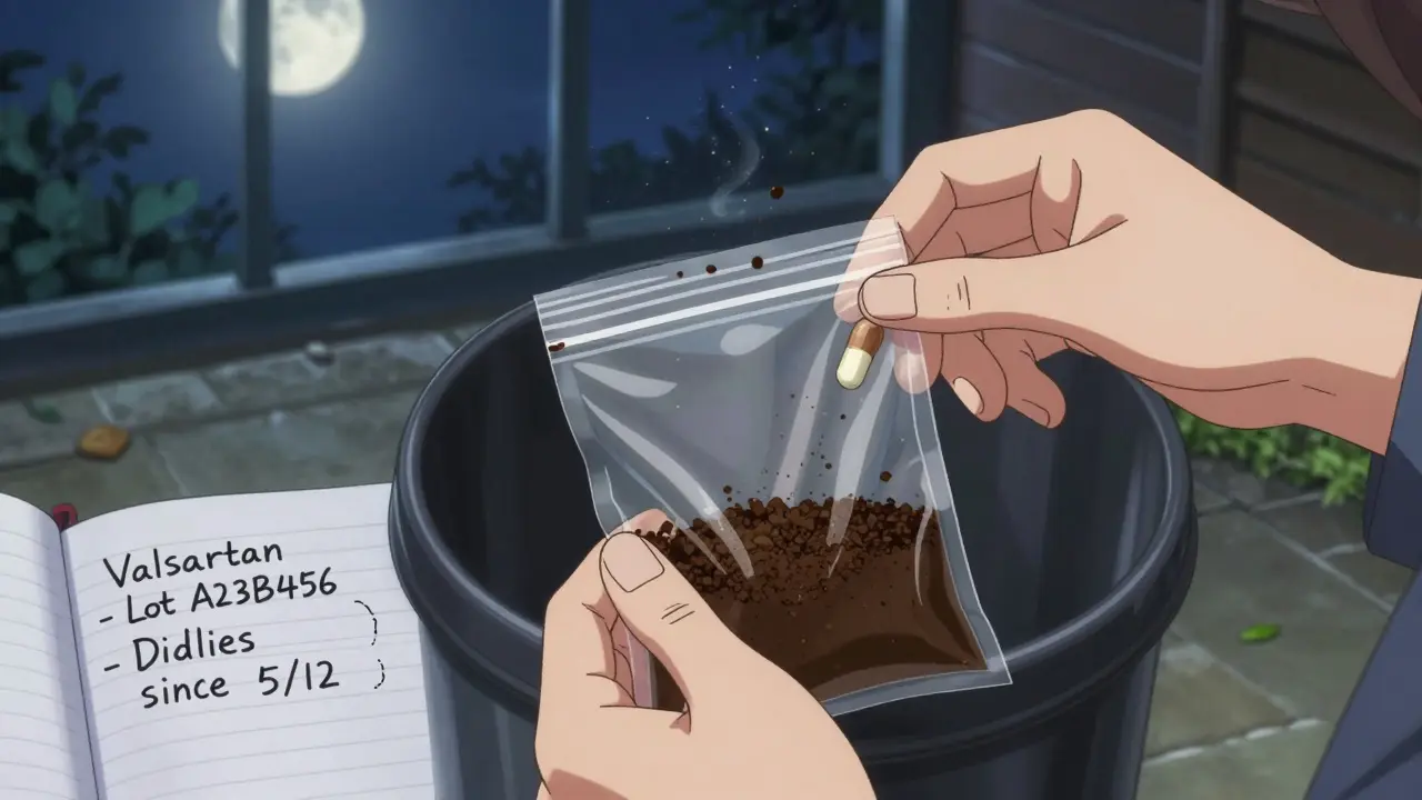 Hands disposing of recalled pills mixed with coffee grounds in a sealed bag outdoors.