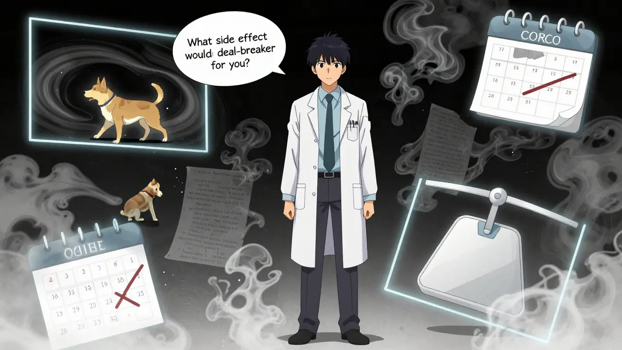 Inner thoughts of a patient visualized as floating panels showing life impacts of medication side effects.