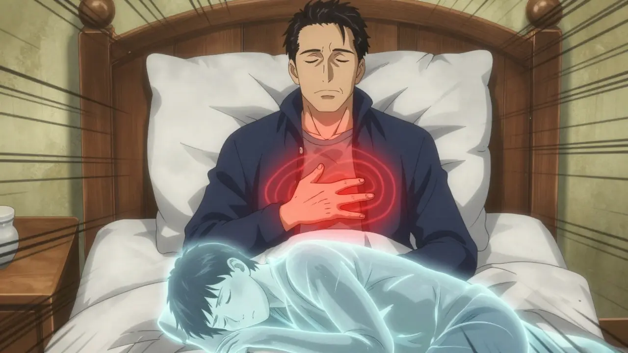 Man in bed with elevated head, red acid aura swirling around his chest, symbolizing long-term GERD.