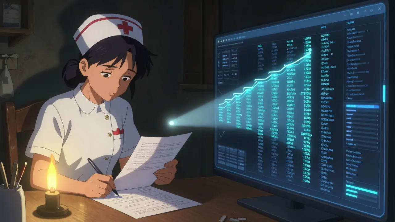 Nurse in rural Ethiopia writing on paper form vs. digital system in Sweden, connected by a beam of light.