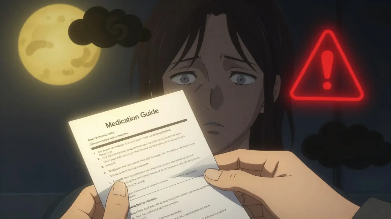 Patient at night surrounded by abstract side effect symbols, illuminated by a glowing Medication Guide.