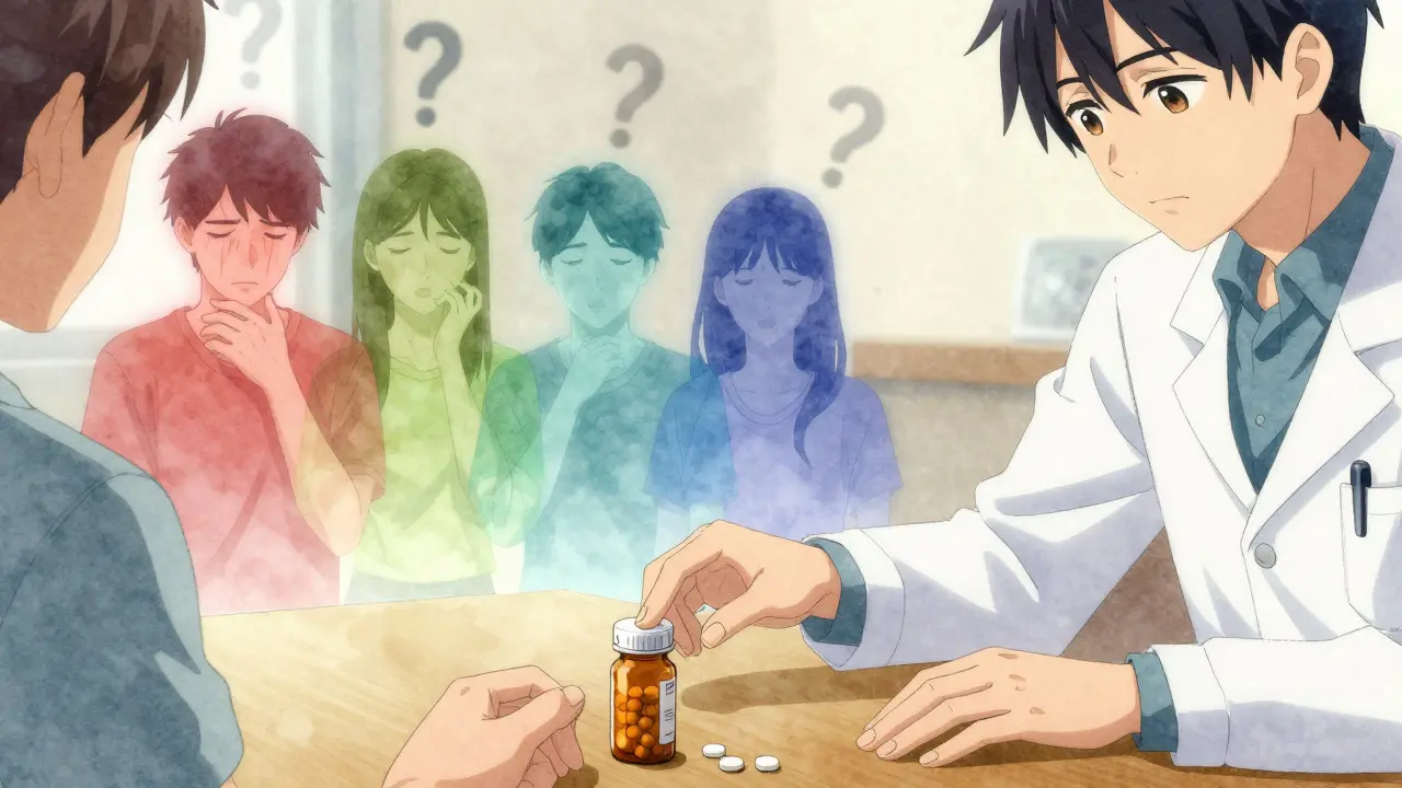 Patient hesitating over a pill bottle, with ghostly images of potential side effects floating around them.