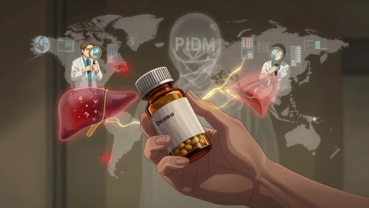 Patient holding pill with ghostly side effects floating around, faint WHO logo in background.