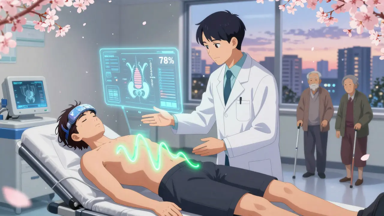 Patient in clinic with holographic pelvic muscle feedback, therapist guiding relaxation, cityscape outside.