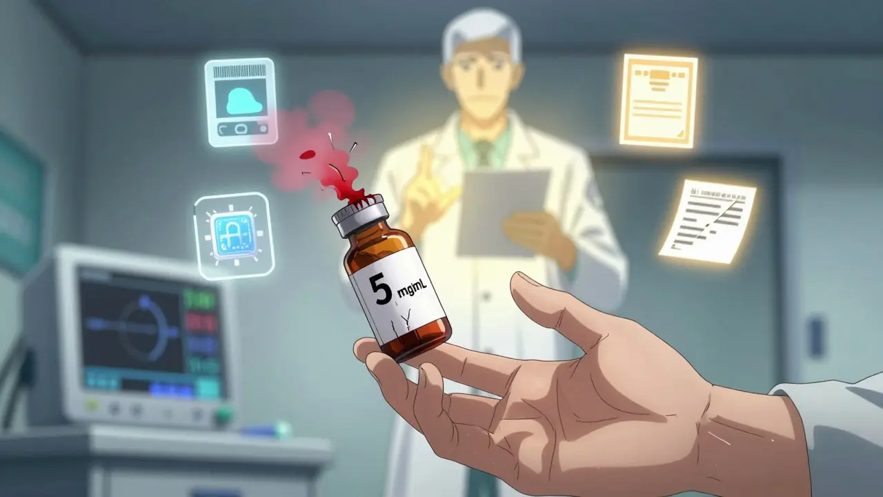 Patient reaching for a mislabeled medication bottle while a pharmacist holds a safety checklist in the background.