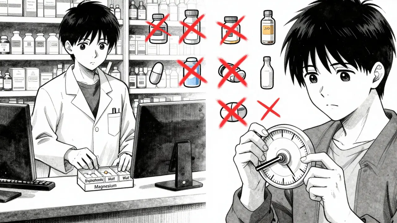 Pharmacist handing a four-compartment pill organizer with timing wheel, magnesium sources crossed out in background.