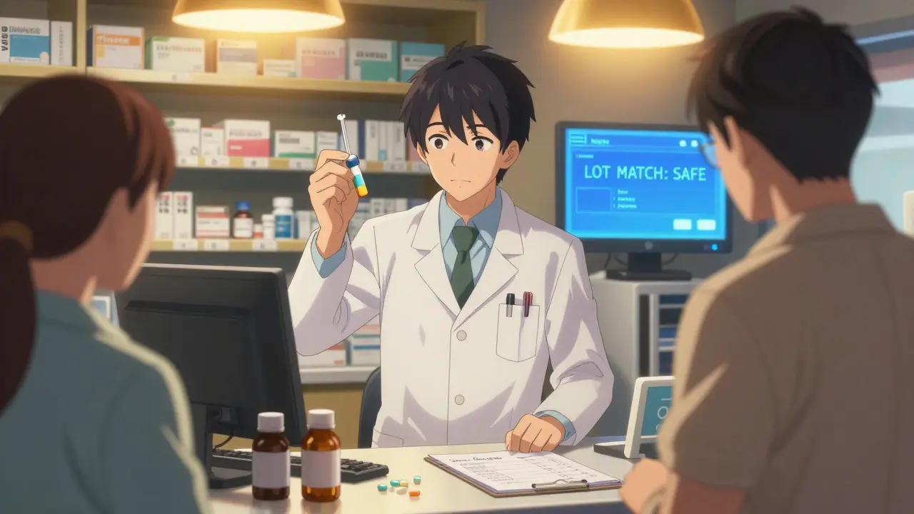 Pharmacist handing a replacement medication to a patient with a safety confirmation display.