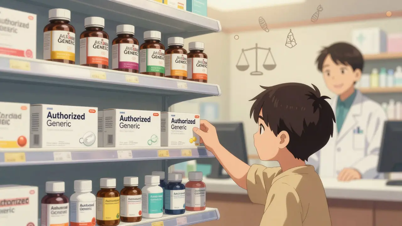 Pharmacy shelf with branded, authorized generic, and regular generic pills side by side